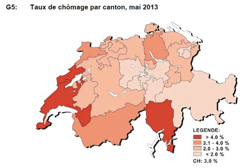 Taux de chômage en Suisse canton par canton en mai 2013 (Office de la statistique)